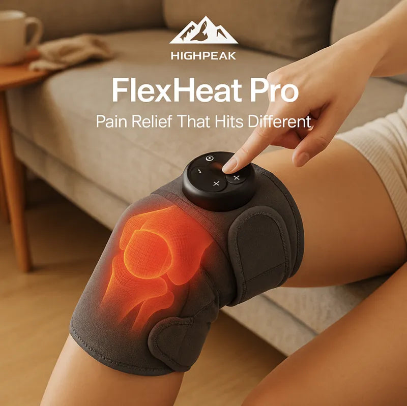 HighPeak FlexHeat Pro Knee Massager in gray with adjustable heat and vibration controls on a seated leg