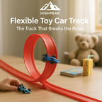 HighPeak Flexible Car Track with red loop track and blue toy car racing on a wooden table with teddy bear in background
