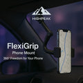 HighPeak FlexiGrip™ rotating phone mount in black clipped to a car visor holding a smartphone with GPS map
