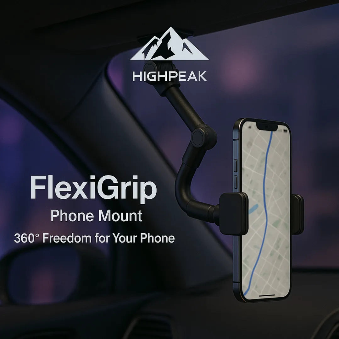 HighPeak FlexiGrip™ rotating phone mount in black clipped to a car visor holding a smartphone with GPS map