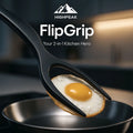 HighPeak FlipGrip™ 2 in 1 spatula tongs gripping a fried egg over a non-stick skillet in a modern kitchen