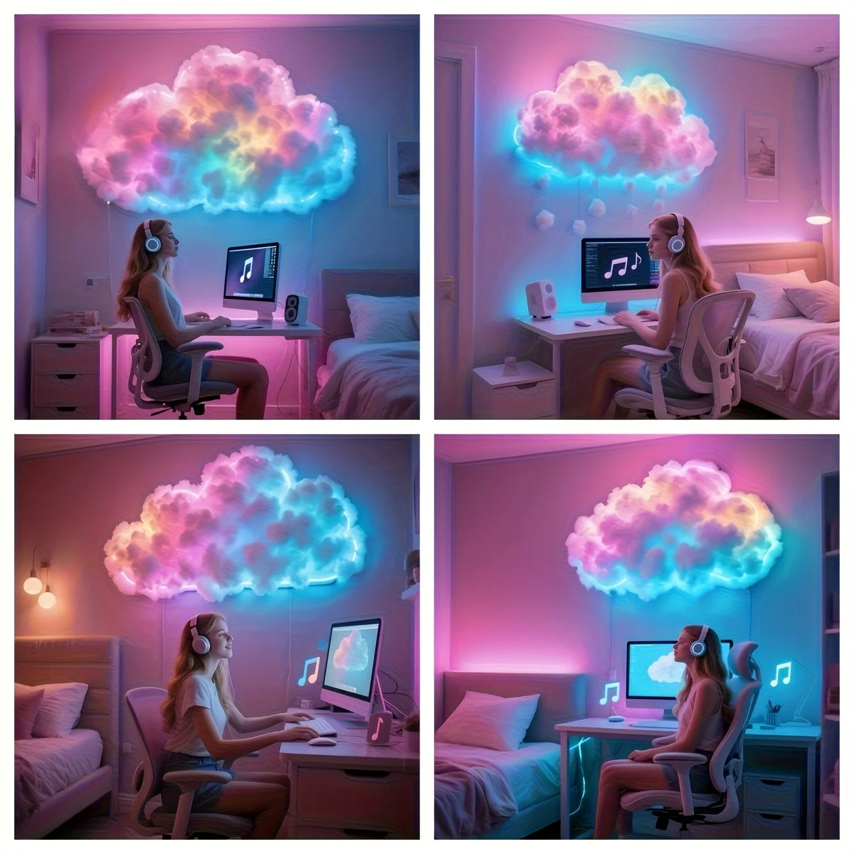 Floating Cloud Bed LED Kit shown in four colorful cloud wall arrangements above bedroom desks