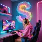 Floating Cloud Bed LED Kit arranged as a colorful S-shaped cloud above a gaming desk