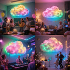 Floating Cloud Bed LED Kit shown in four cloud wall lighting arrangements for parties