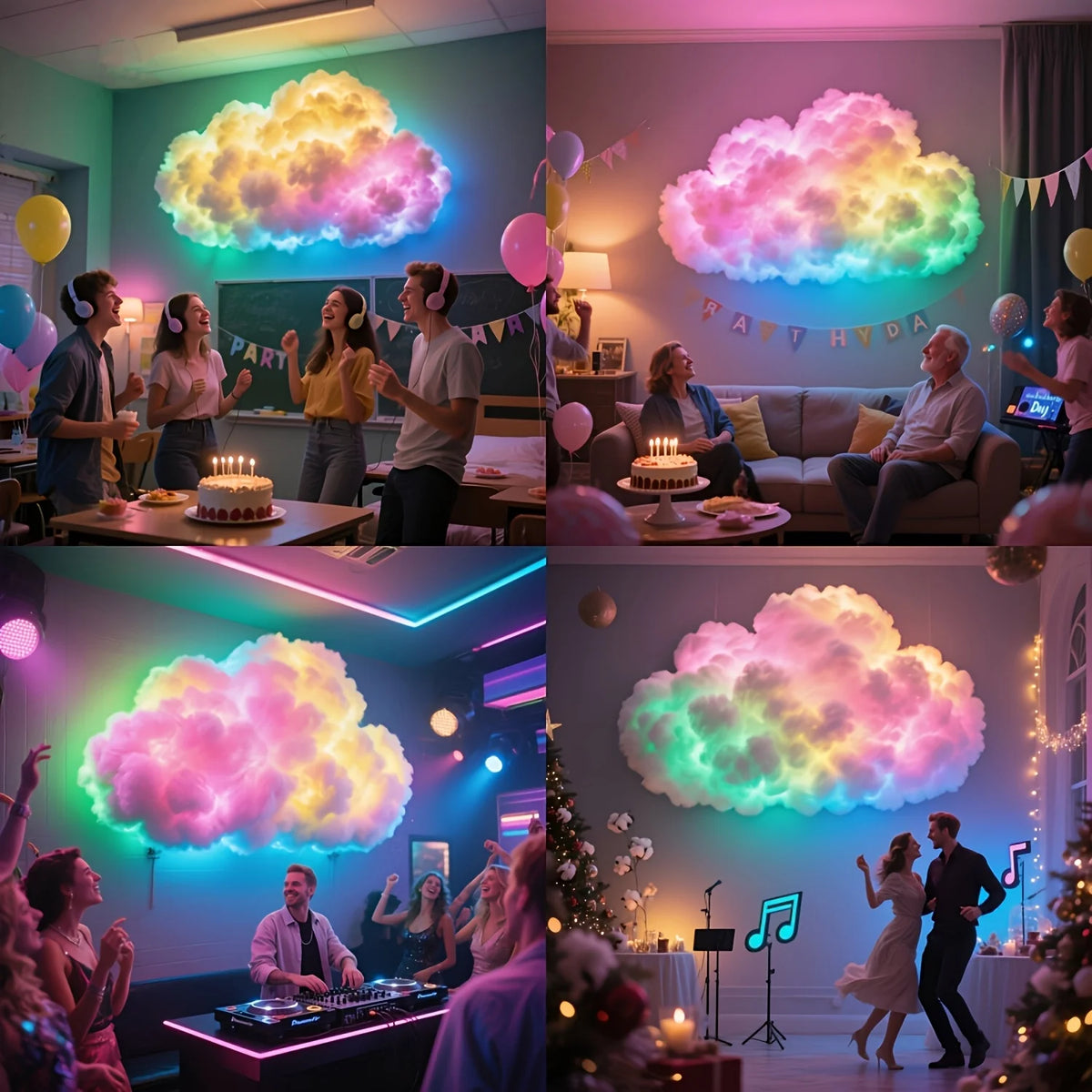 Floating Cloud Bed LED Kit shown in four cloud wall lighting arrangements for parties
