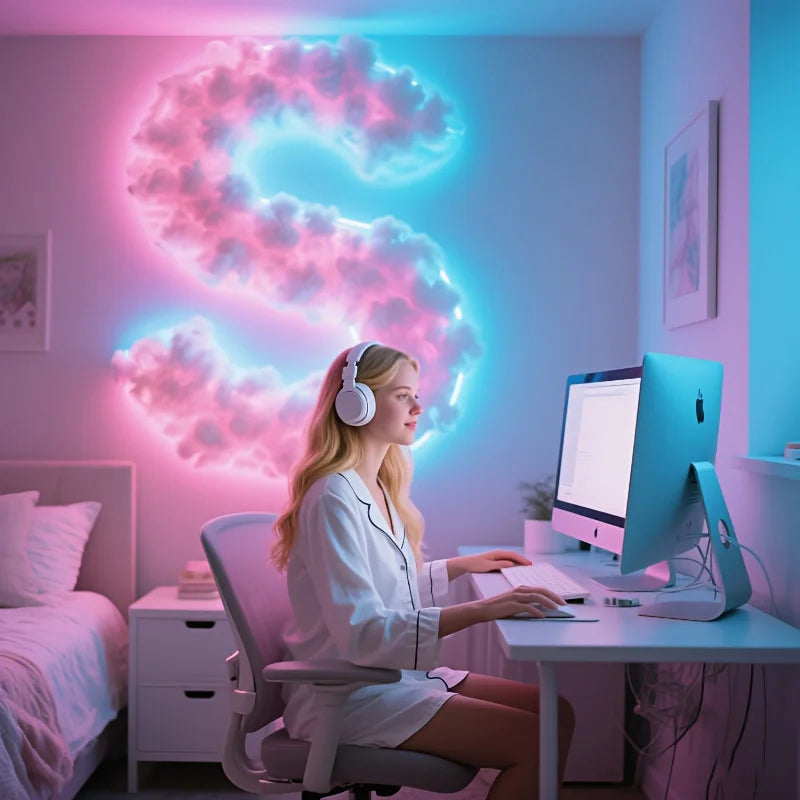 Floating Cloud Bed LED Kit arranged as pink and blue S-shaped wall clouds behind a bedroom desk