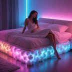 Floating Cloud Bed LED Kit glowing pink and blue around a bed base in a colorful bedroom