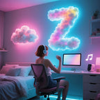 Floating Cloud Bed LED Kit arranged as a glowing Z and small cloud above a computer desk