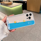 Floating Ducks Phone Case Three Ducks case tilted sideways, with blue liquid flowing along the long edge
