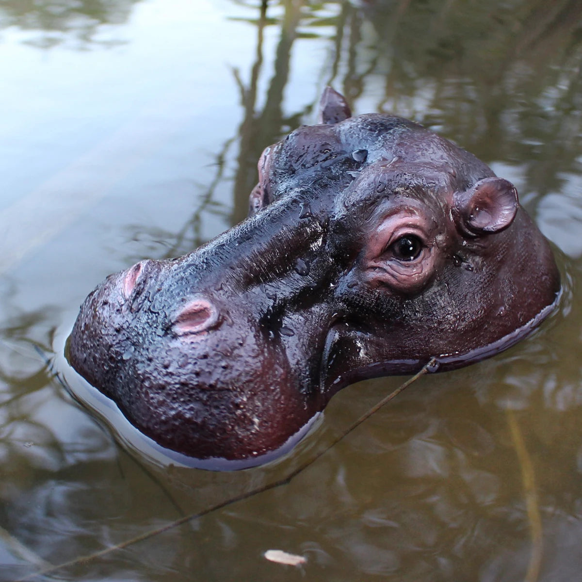 Floating Hippo Pond Decor brown resin head floating on water, with sculpted eyes and water droplets in a three-quarter view.