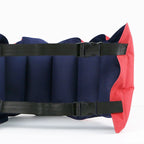 Floating Swim Training Belt two fastened black buckles across the navy inner face in a close-up view.