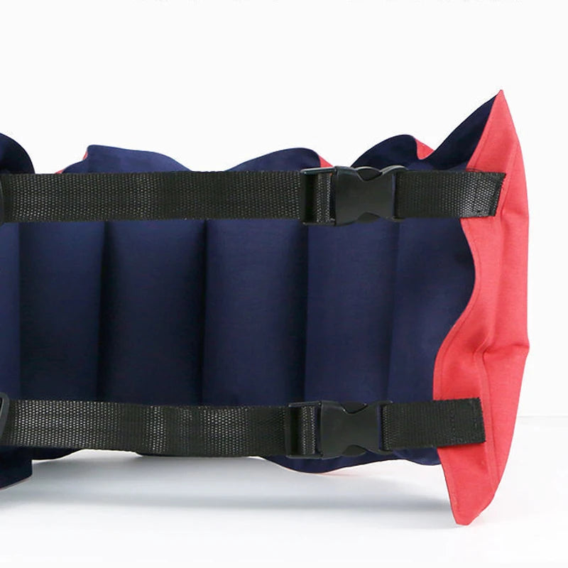 Floating Swim Training Belt two fastened black buckles across the navy inner face in a close-up view.
