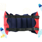 Floating Swim Training Belt navy inner face and two fastened straps on a decorative summer background.