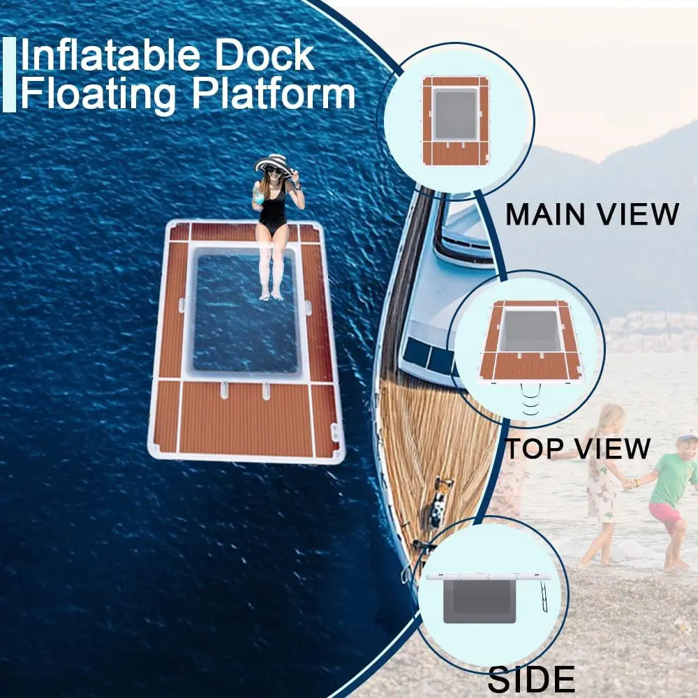 Floating Yacht Pool Dock reference showing its main, top, and side views beside a yacht