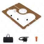 Floating Yacht Pool Dock overhead product view with the included carry bag, air pump, and repair item
