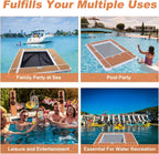 Floating Yacht Pool Dock collage showing use beside a boat, in a pool, and for group water recreation