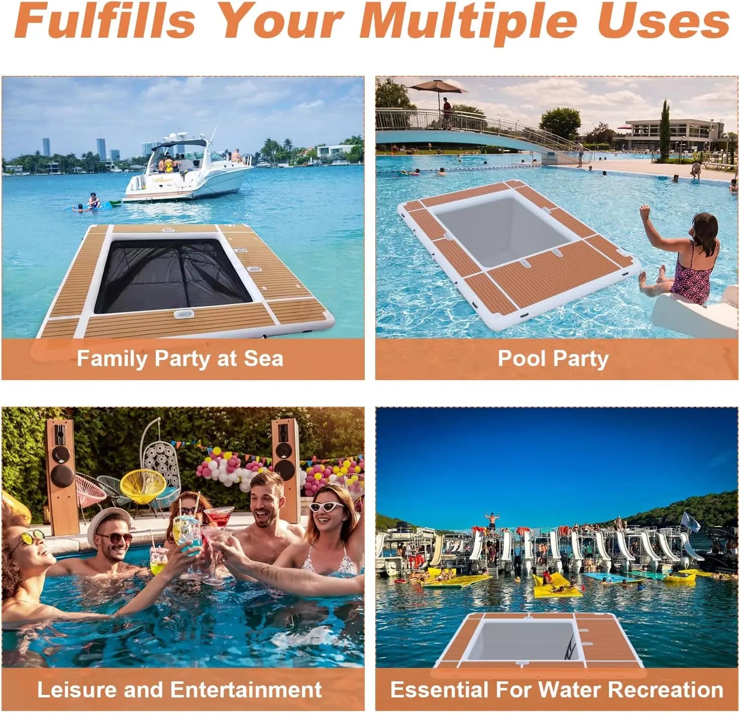 Floating Yacht Pool Dock collage showing use beside a boat, in a pool, and for group water recreation