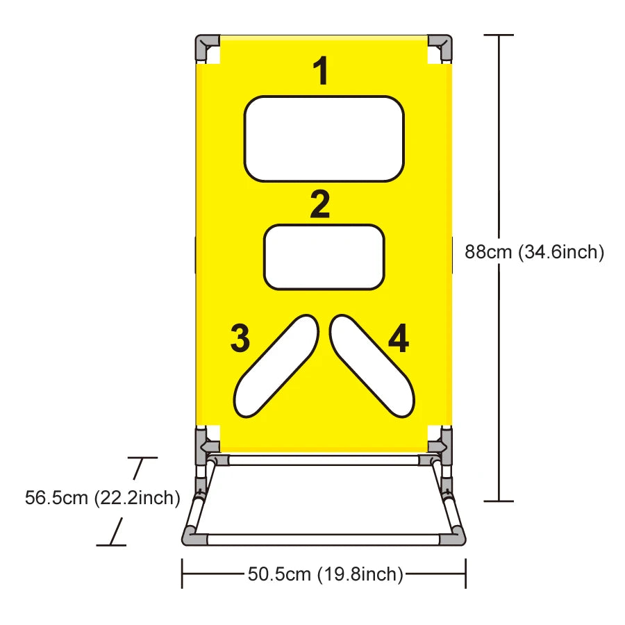 Flying Disc Target Game size guide showing an 88 cm tall target with a 50.5 by 56.5 cm base