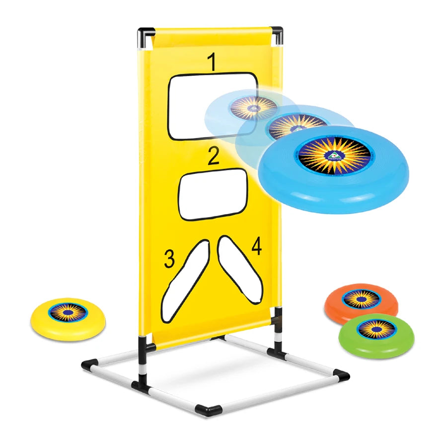Flying Disc Target Game showing a blue disc toss toward the numbered yellow target openings