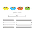 Flying Disc Target Game parts layout showing yellow, blue, orange, and green discs with white frame tubes