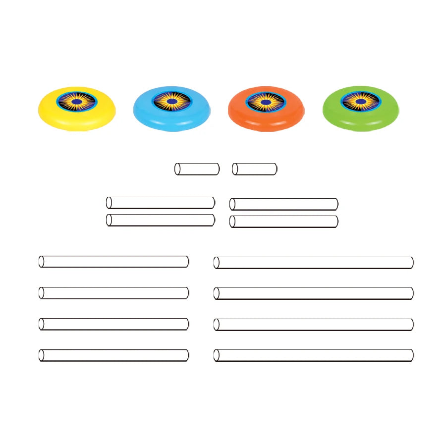 Flying Disc Target Game parts layout showing yellow, blue, orange, and green discs with white frame tubes