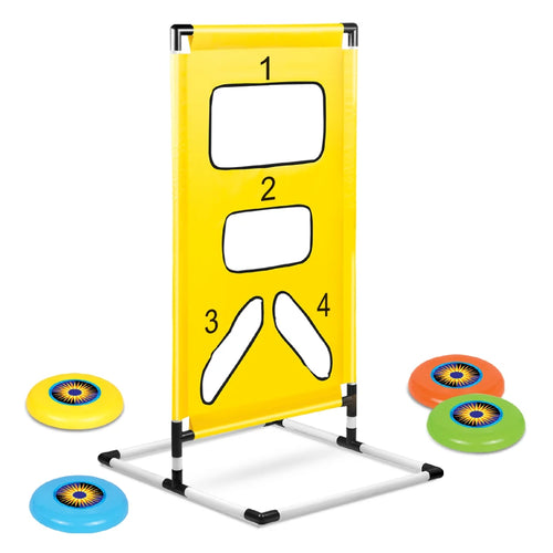 Flying Disc Target Game with a yellow four-opening target, freestanding frame, and four colorful discs