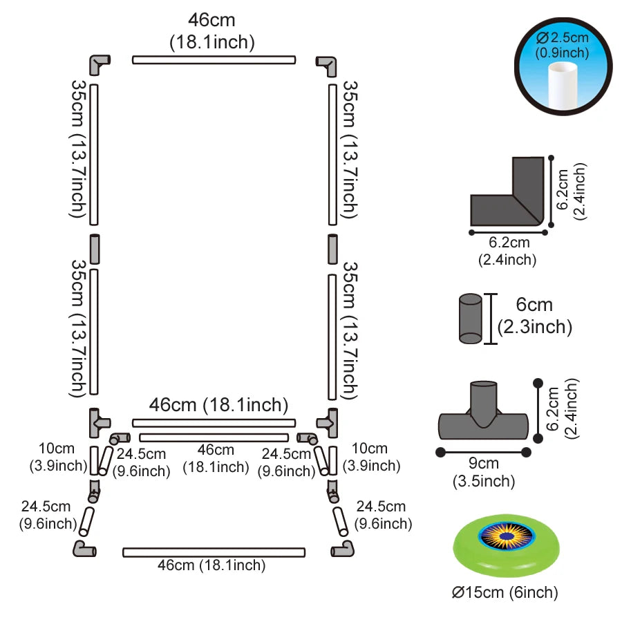 Flying Disc Target Game exploded frame assembly diagram with connector measurements and a 15 cm disc