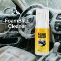 HighPeak FoamBlitz Cleaner foam spray bottle in car interior covered with thick white foam for deep cleaning.