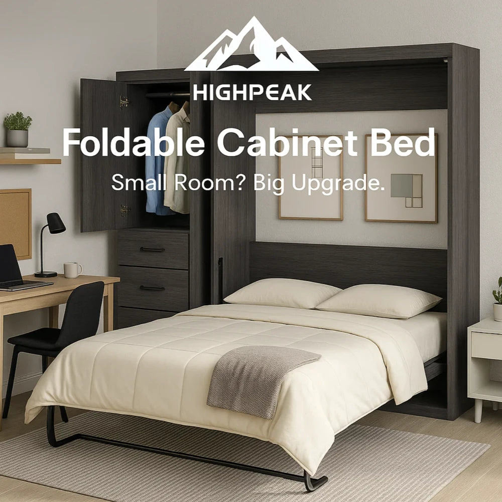 HighPeak Foldable Cabinet Bed in sleek gray with built-in wardrobe, drawers, and full-size mattress in a modern small room setup