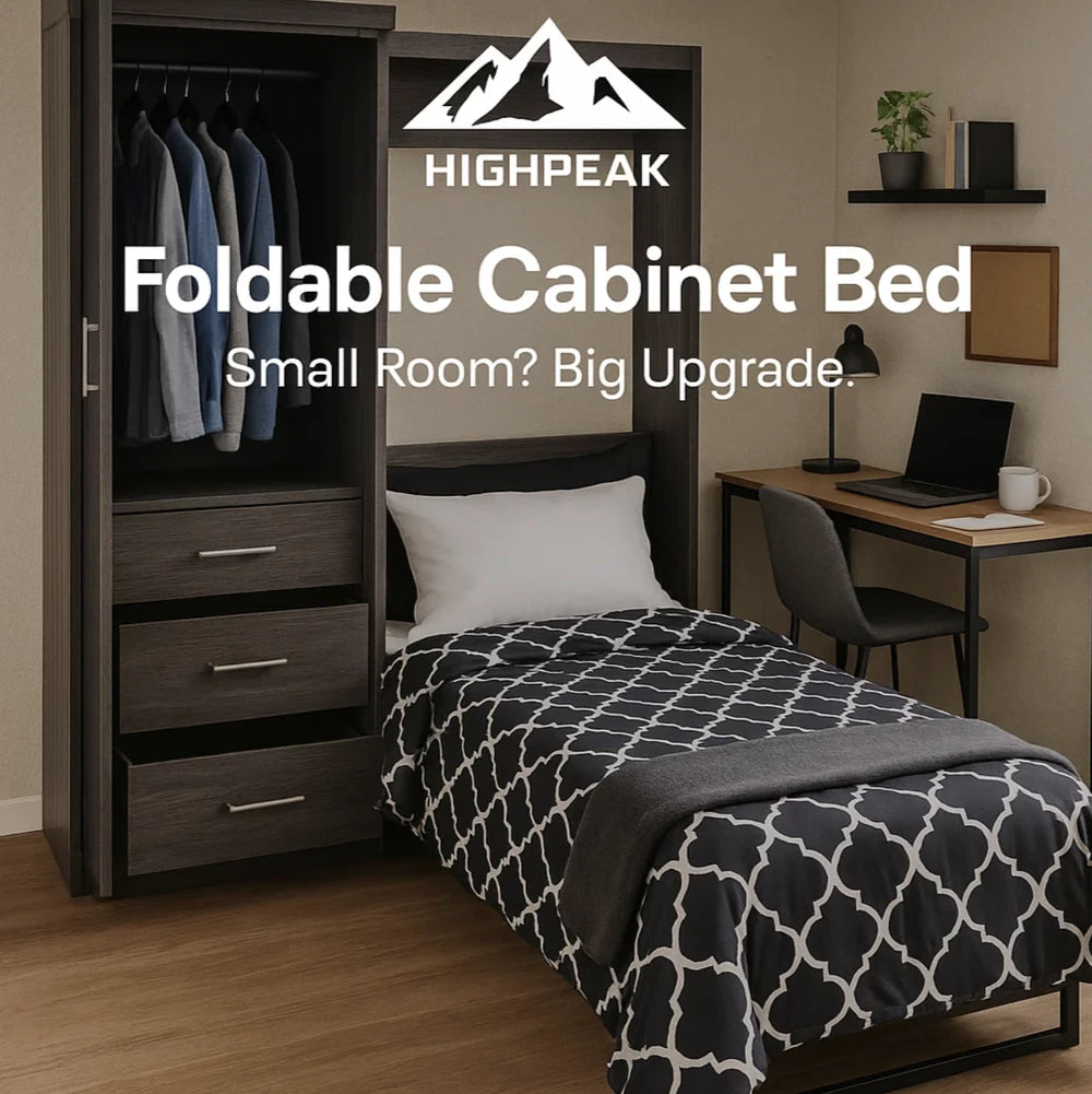 HighPeak Foldable Cabinet Bed in dark wood with built-in wardrobe and drawers in a compact bedroom setup