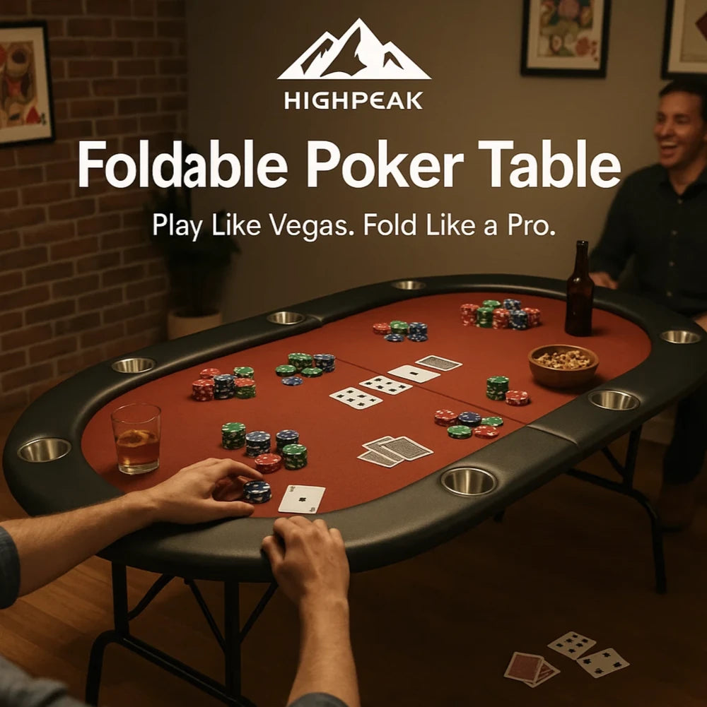 HighPeak Foldable Poker Table with red felt, built-in cup holders, folding frame, and poker chips in a cozy game room setting