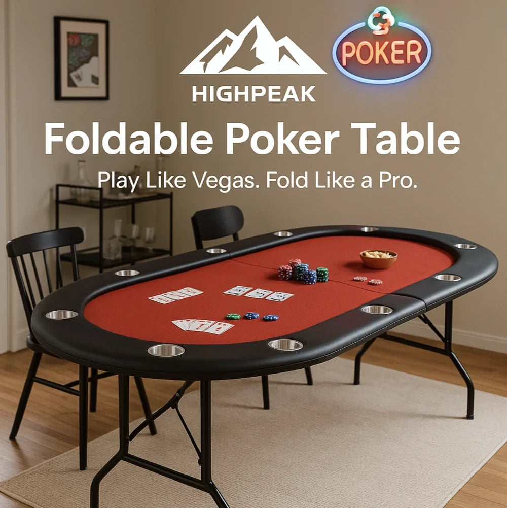 HighPeak Foldable Poker Table with red felt, cup holders, and foldable black frame in a cozy game room setting