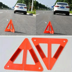 Foldable Warning Triangle collage with roadside placement examples and two flat triangular panel views.