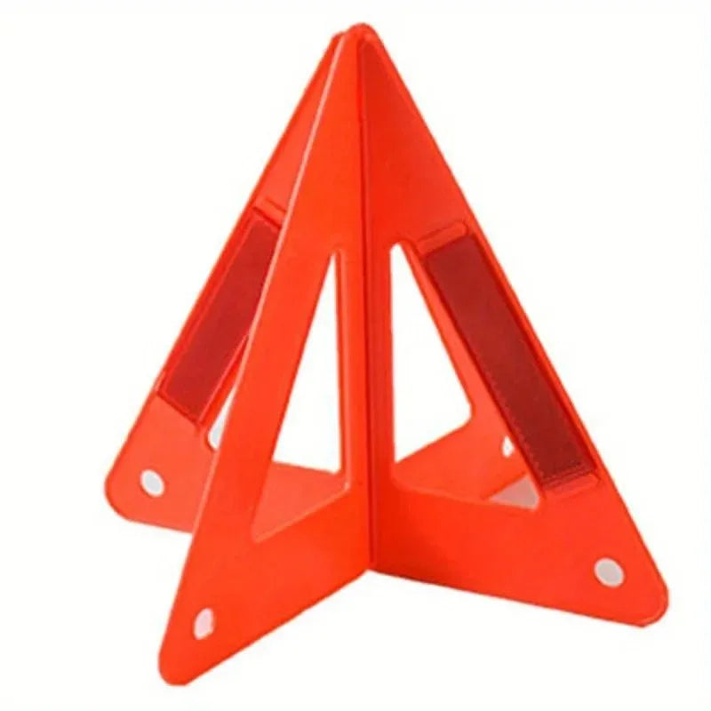 Foldable Warning Triangle opened into a freestanding shape on a white background, showing red reflective strips.