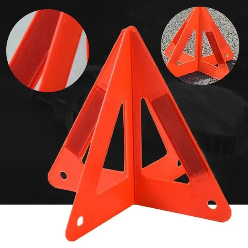 Foldable Warning Triangle on a dark background with close-ups of a reflective strip and its freestanding shape.