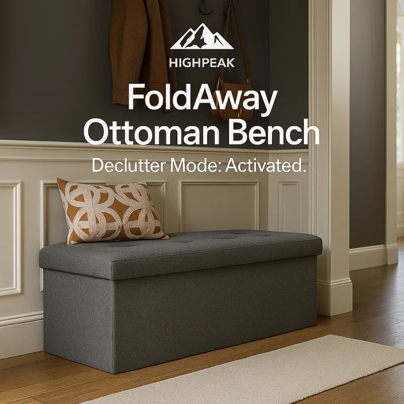 HighPeak FoldAway Ottoman Bench in gray fabric with hidden storage and padded seat in a cozy entryway setting.