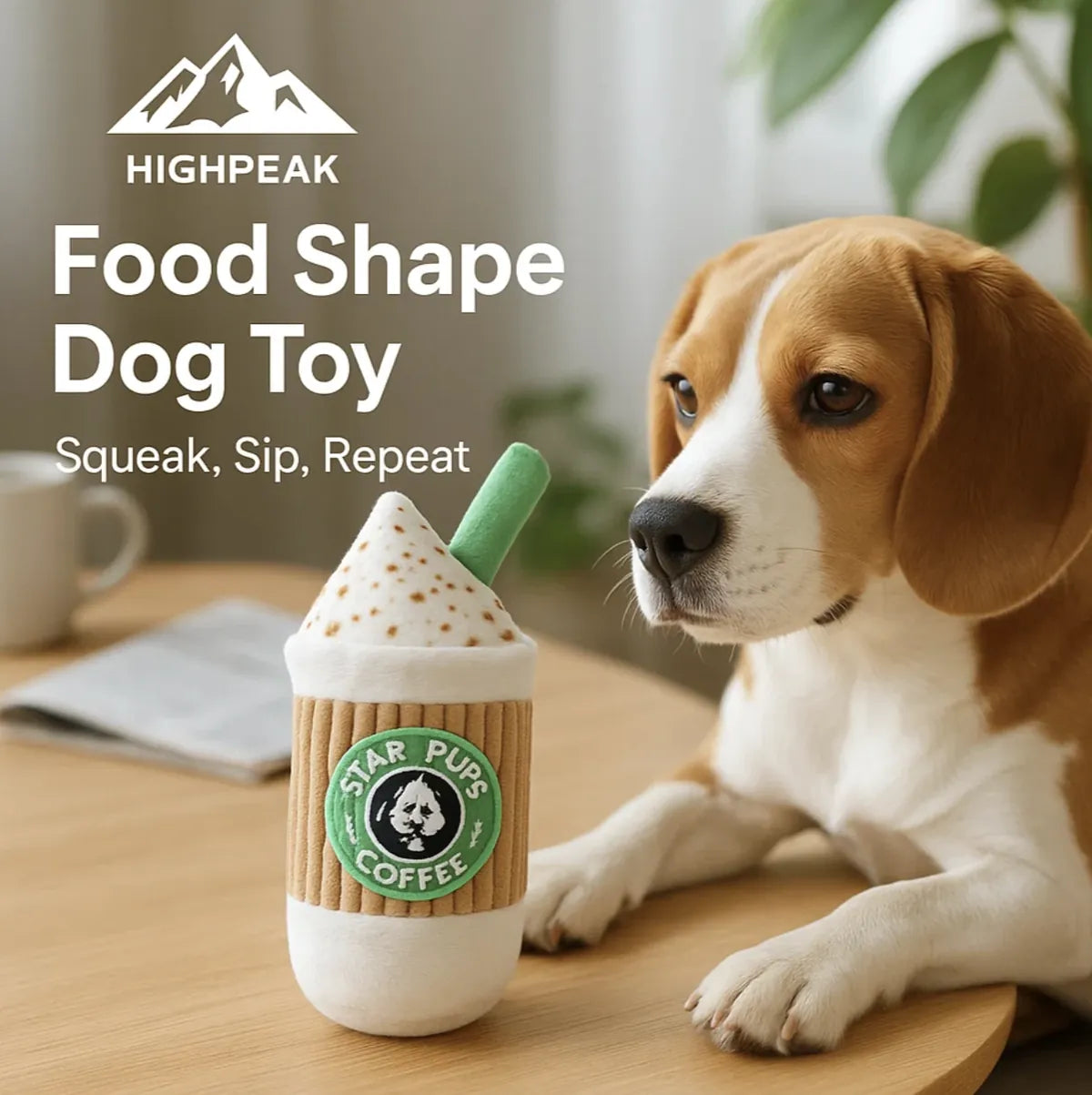 HighPeak Plush Dog Toy Squeaky Food Shape Pizza Donut Coffee Cup Latte Cup