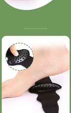 Foot Arch Support Pads raised gel cushion shown beside the foot with a fingertip press detail