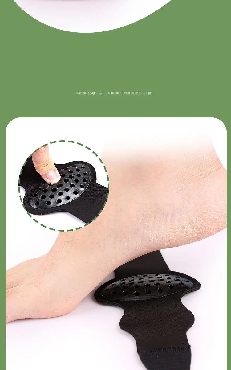 Foot Arch Support Pads raised gel cushion shown beside the foot with a fingertip press detail