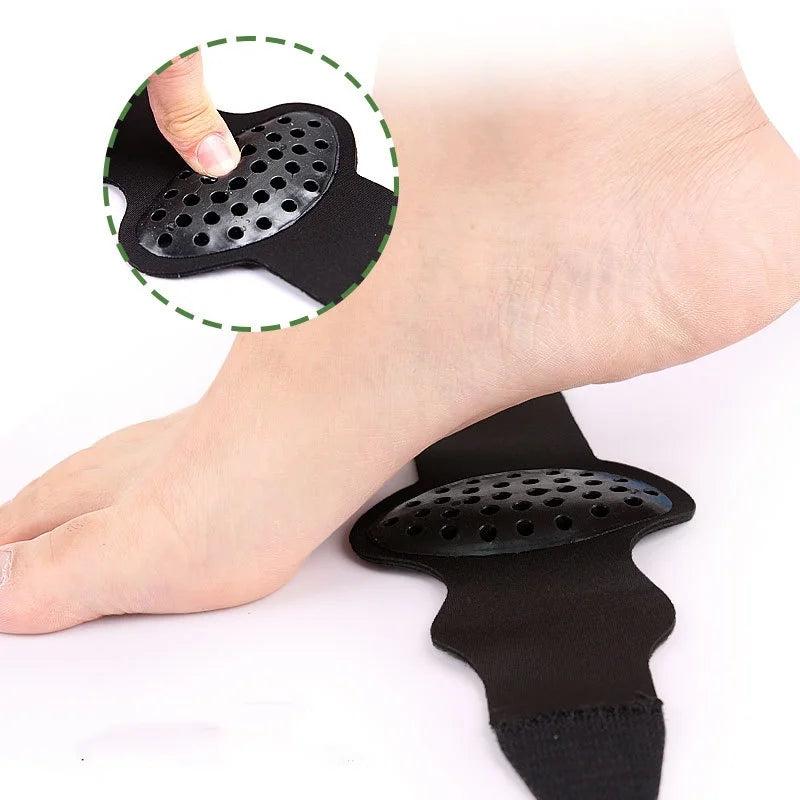 Foot Arch Support Pads opened beneath a foot to show the raised perforated gel support insert