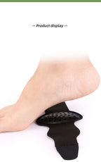Foot Arch Support Pads opened beneath a foot to demonstrate placement of the raised support pad