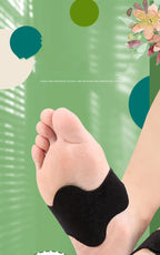 Foot Arch Support Pads wrapped beneath the foot in a close-up on a green graphic background