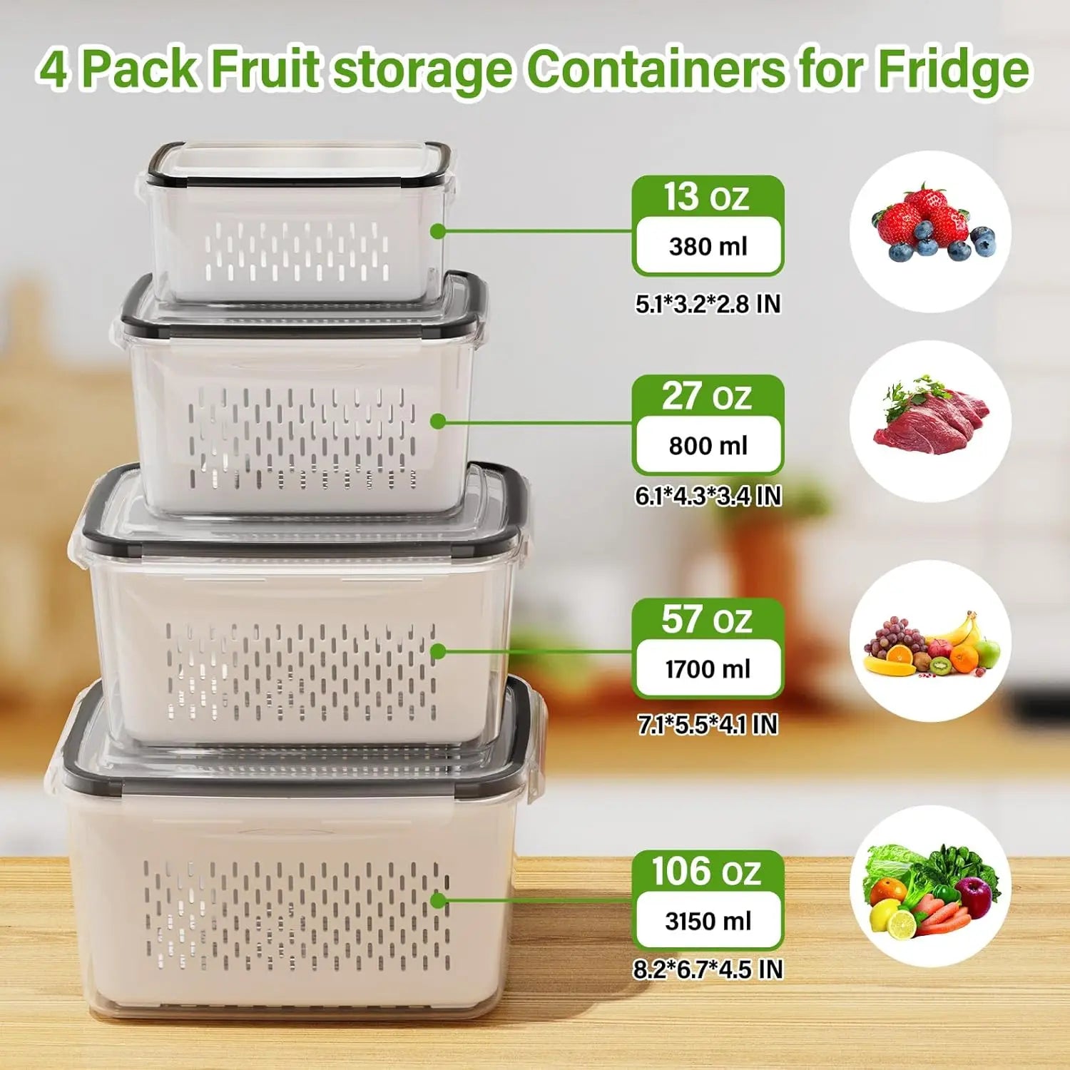 Fresh Produce Containers Set alternate capacity chart for the 380, 800, 1700, and 3150 ml containers