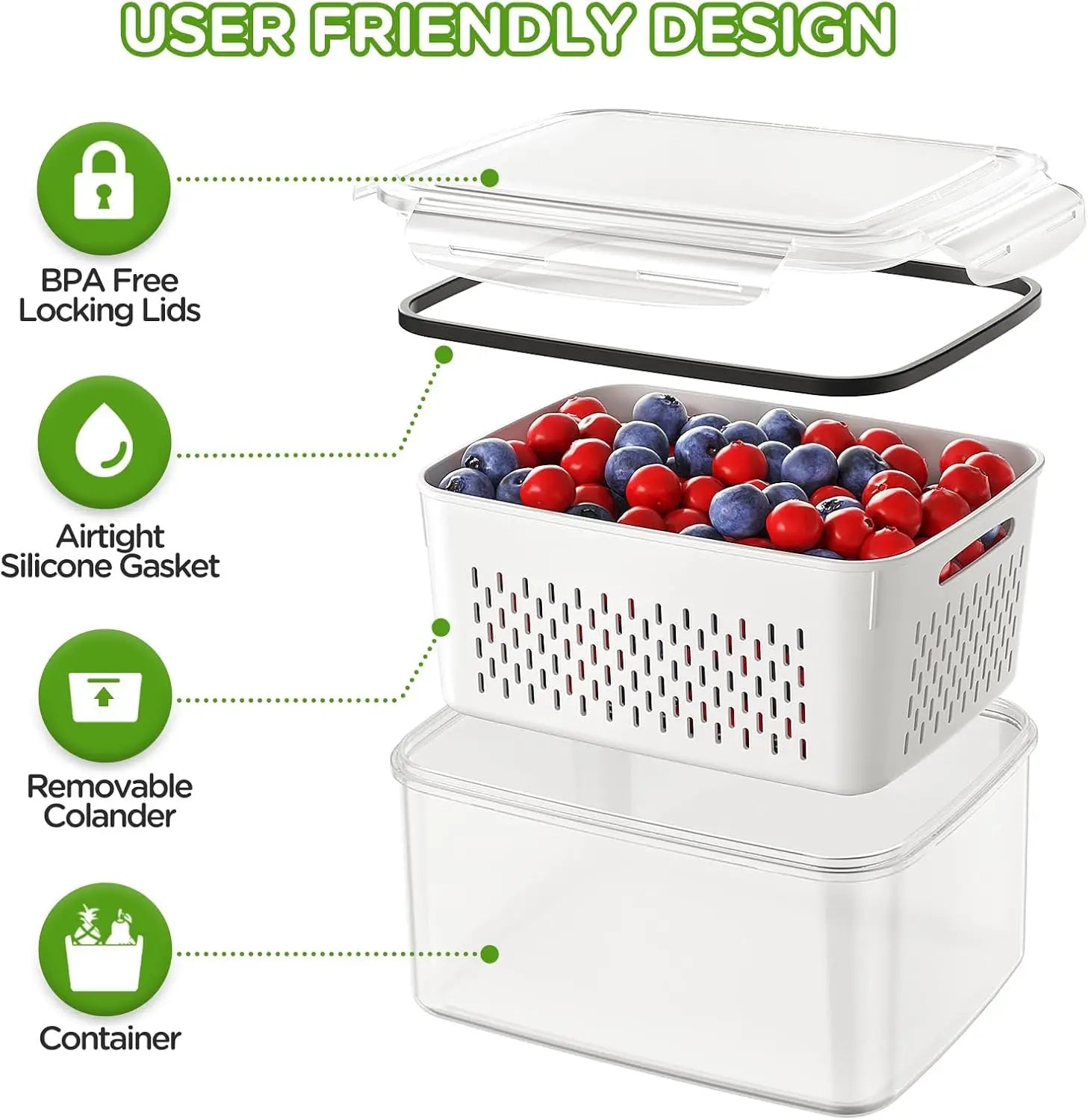 Fresh Produce Containers Set alternate component view with snap lid, gasket, basket, and container