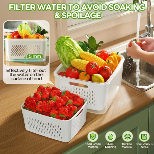 Fresh Produce Containers Set removable strainers draining washed fruit and vegetables by the sink