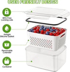 Fresh Produce Containers Set exploded view showing locking lid, gasket, strainer, and outer container
