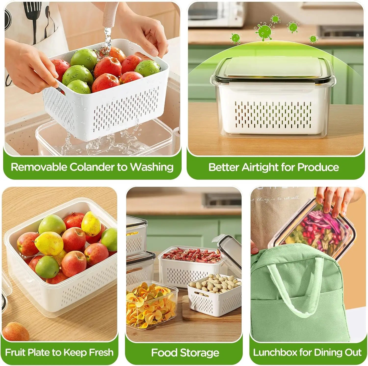 Fresh Produce Containers Set use-case collage for rinsing, fridge storage, and packed meals