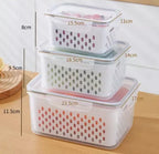 Fresh Produce Containers Set three-piece stack with container dimensions labeled