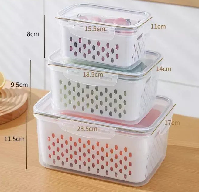 Fresh Produce Containers Set three-piece stack with container dimensions labeled