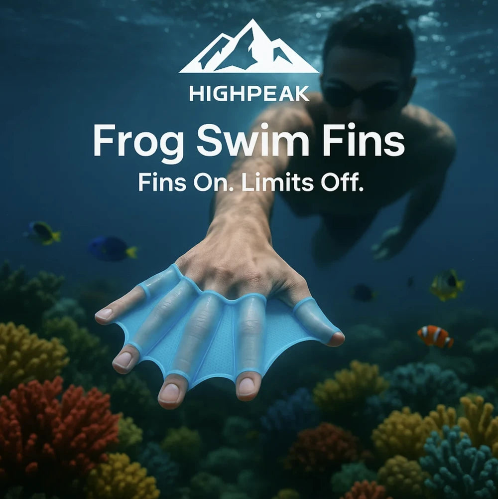 HighPeak Frog Swim Fins in blue silicone worn by diver underwater enhancing swim speed and propulsion.